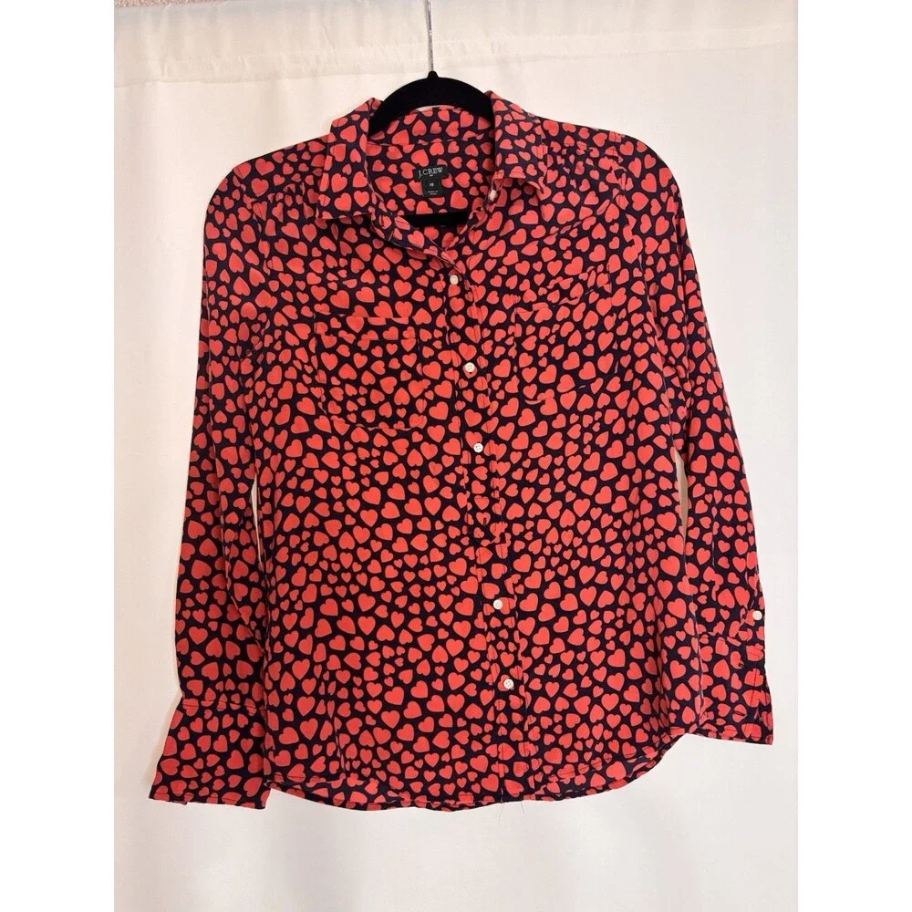 Valentines J Crew silk shirt button Down red hearts Navy XS Women’s Love